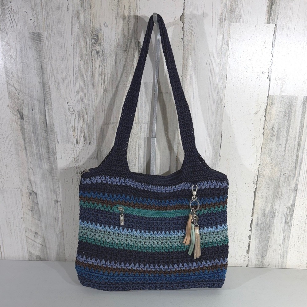 The Sak Crochet Shoulder Bag Tote Medium Navy Blue Multi Striped Boho Tassel
